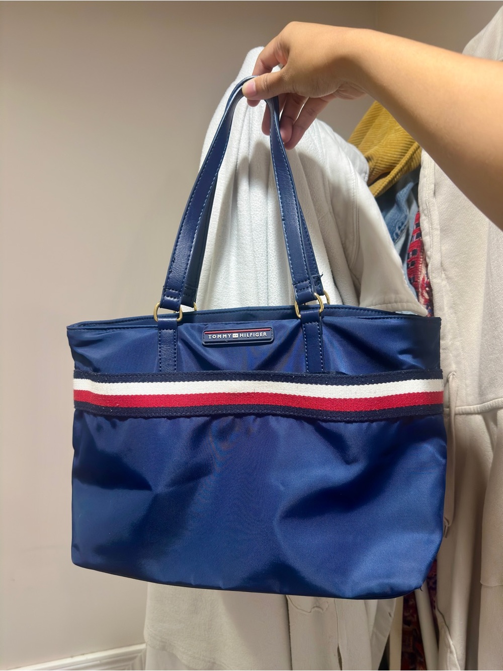 Tommy Hilfiger Navy Tote with Red and White Signature Stripe